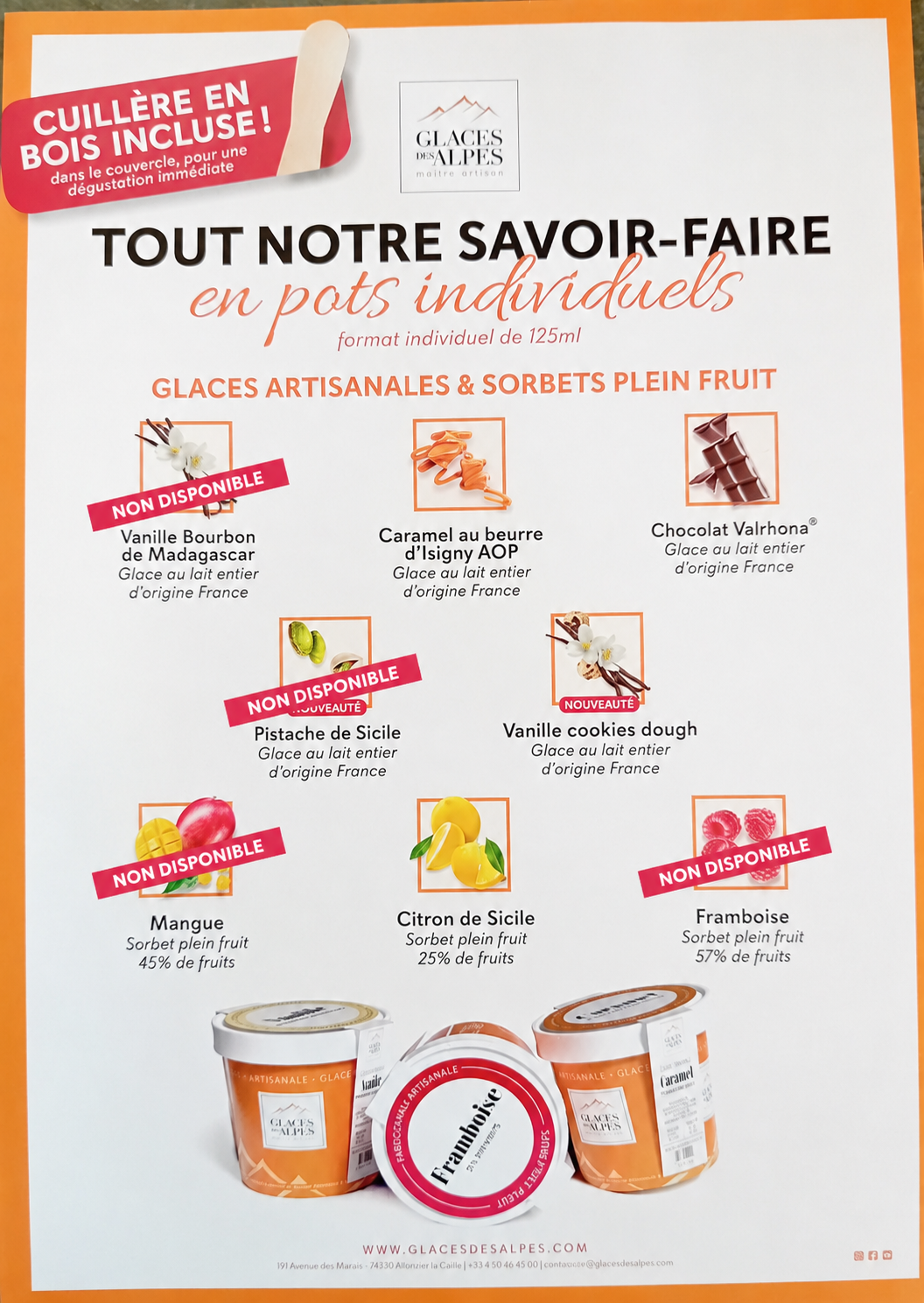 Découvrez nos délicieux pots individuels Glaces des Alpes (125 ml) 😍 Des glaces artisanales et sorbets plein fruit, fabriqués avec des ingrédients rigoureusement sélectionnés pour un maximum de gourmandise. ✨ Saveurs actuellement disponibles : 🍫 Chocolat Valrhona 🍮 Caramel au beurre d'Isigny AOP 🍪 Vanille Cookies Dough 🍋 Citron de Sicile ➡️ Format pratique avec cuillère en bois incluse pour une dégustation immédiate ! Parfait pour terminer votre repas sur une note fraîche et gourmande. 😋 📍 Chez Pino – 4 rue Génissieu, Valence 🚚 À emporter ou en livraison selon disponibilité.